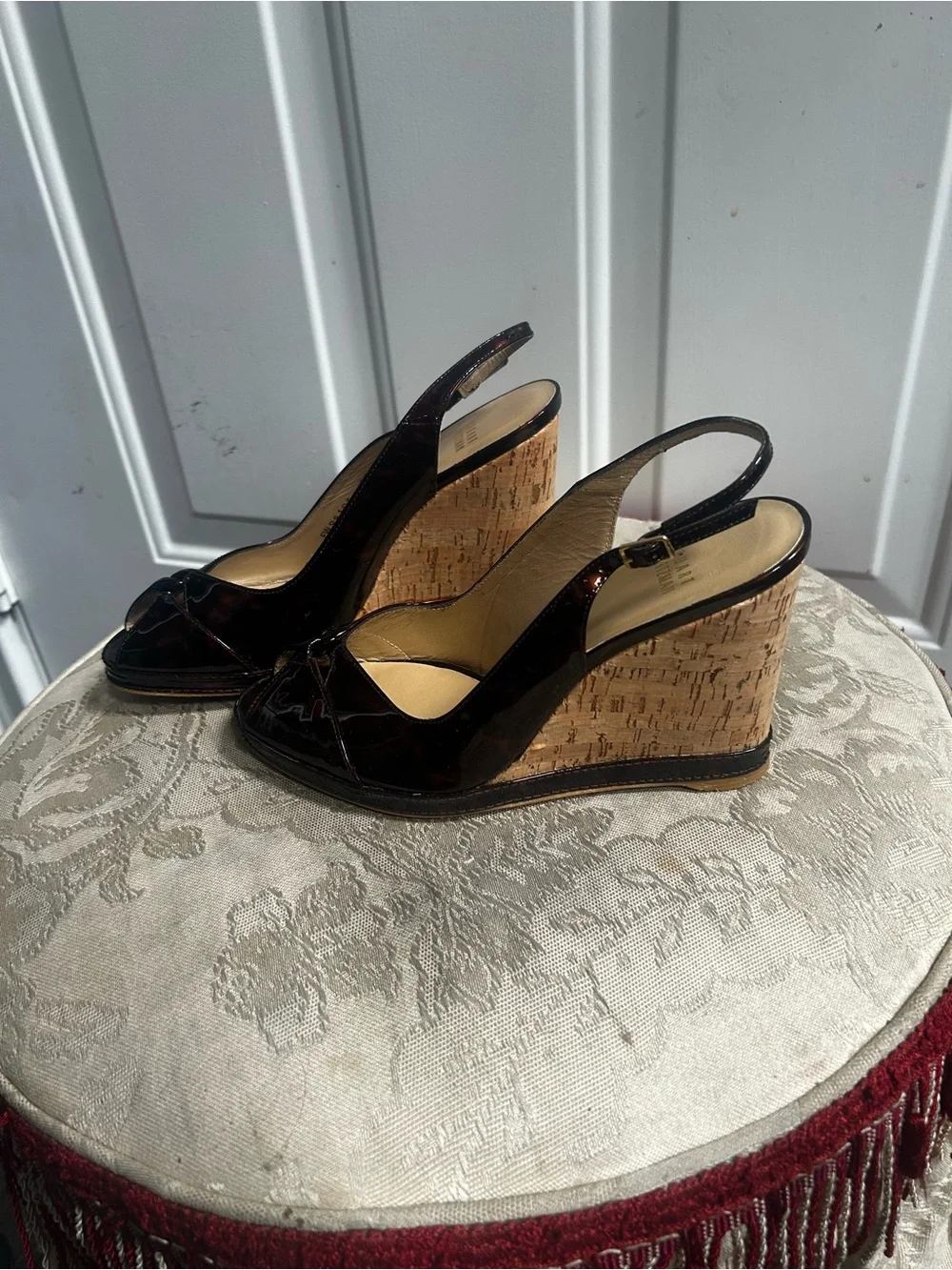 Stuart Weitzman  glossy tortoiseshell Patent leather  Peep-Toe Slingback Wedge - Picture 7 of 14